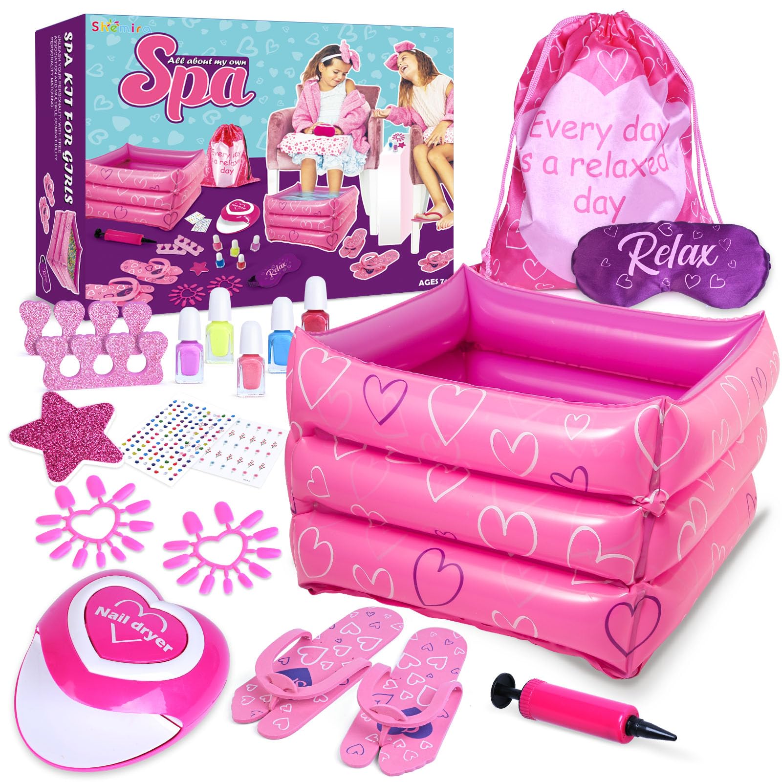 Shemira gift set girls spa day image shows an at-home spa party setup