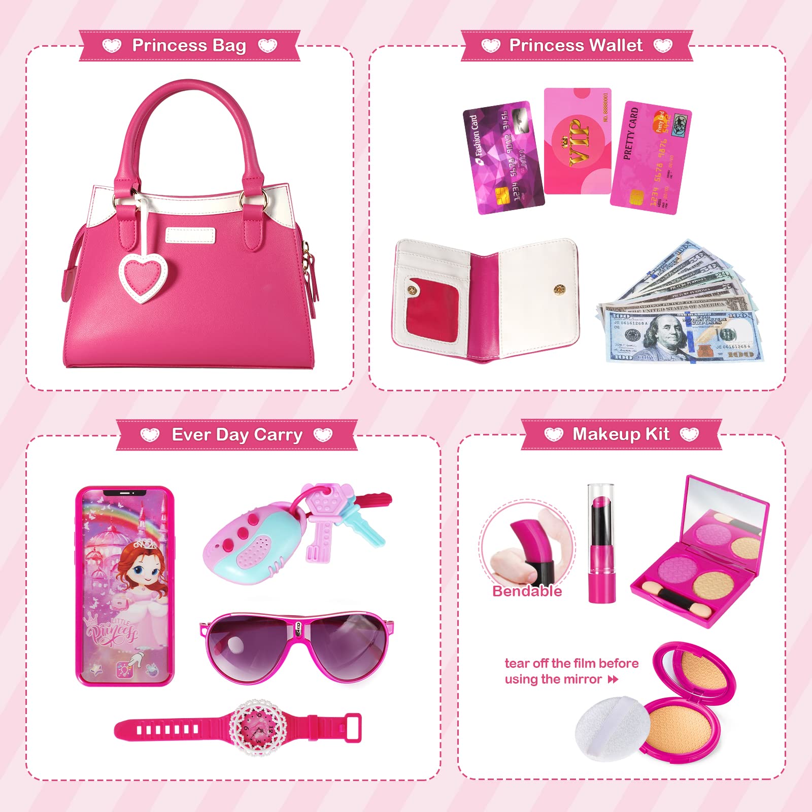 Shemira Play Purse pink wallet and cards enable realistic role-play.