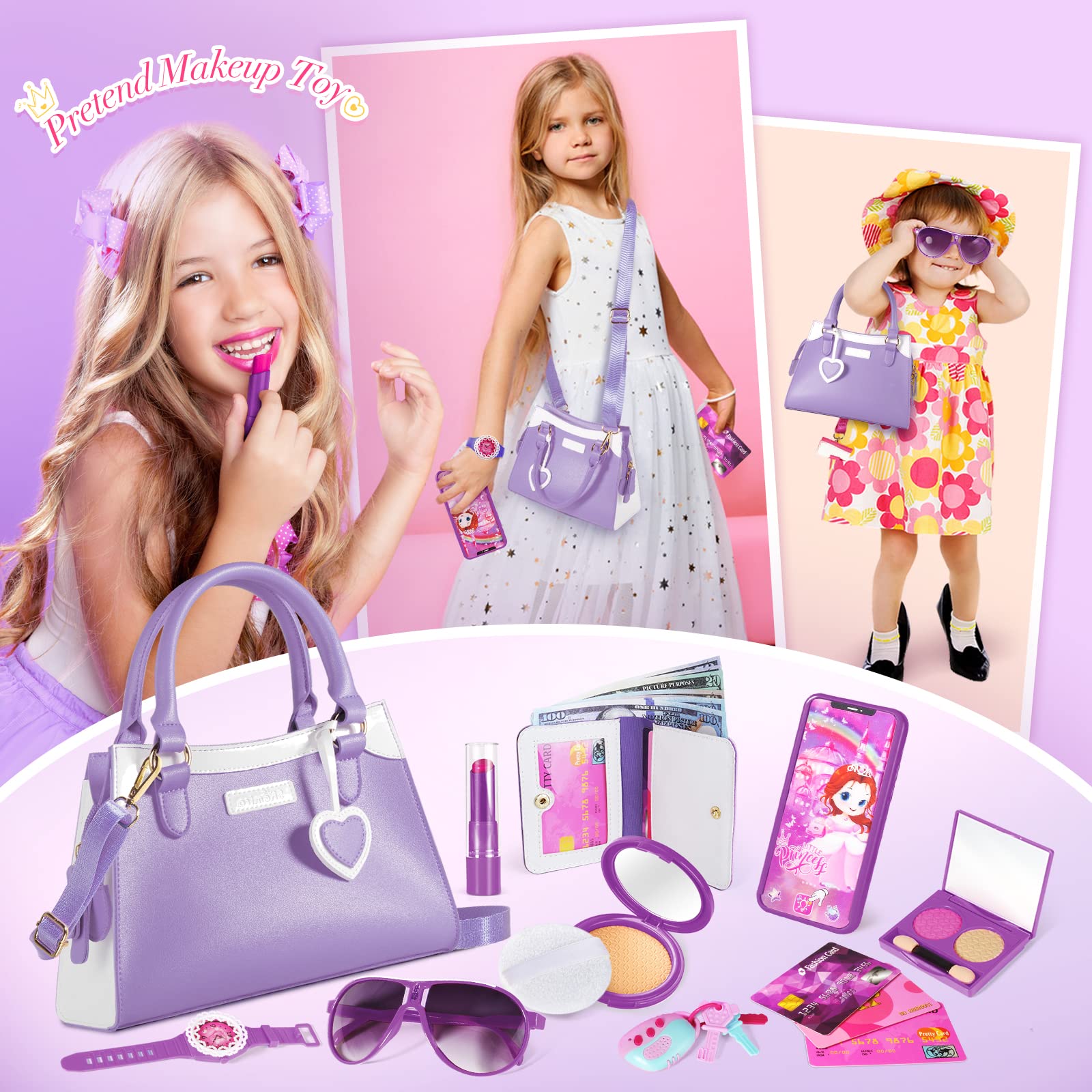 Shemira Play Purse accessories spread with wallet and cards for role play
