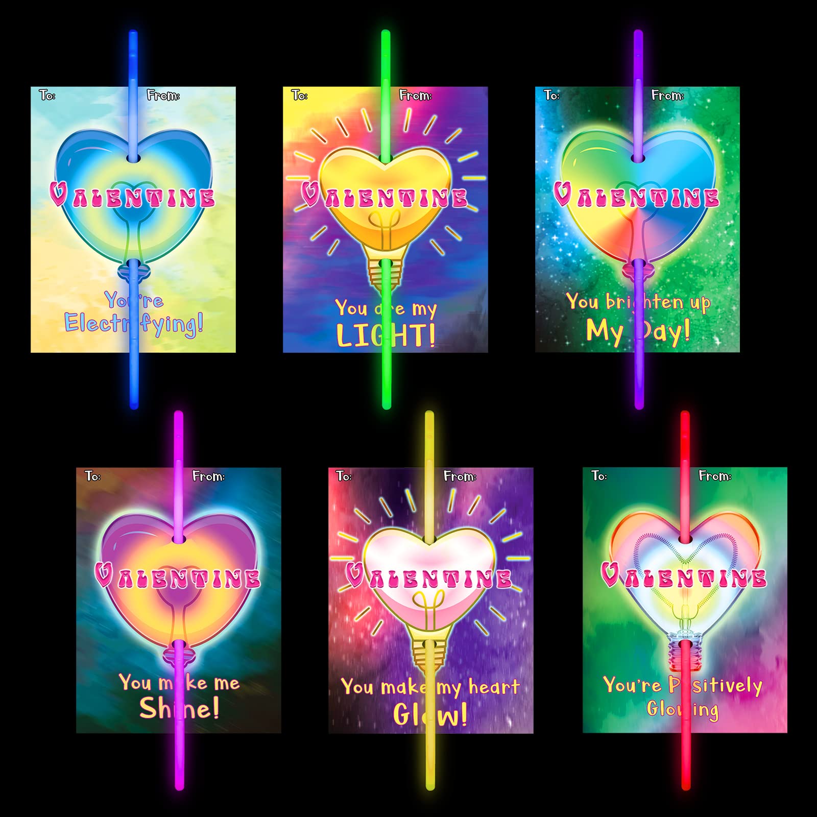 Shemira valentines cards with glow sticks for easy classroom gift exchanges.
