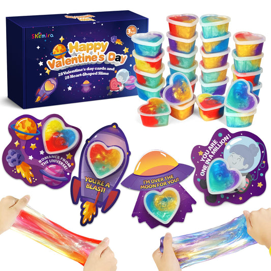 Shemira Valentines heart slime cards set 1 with colorful galaxy slime for classroom sharing