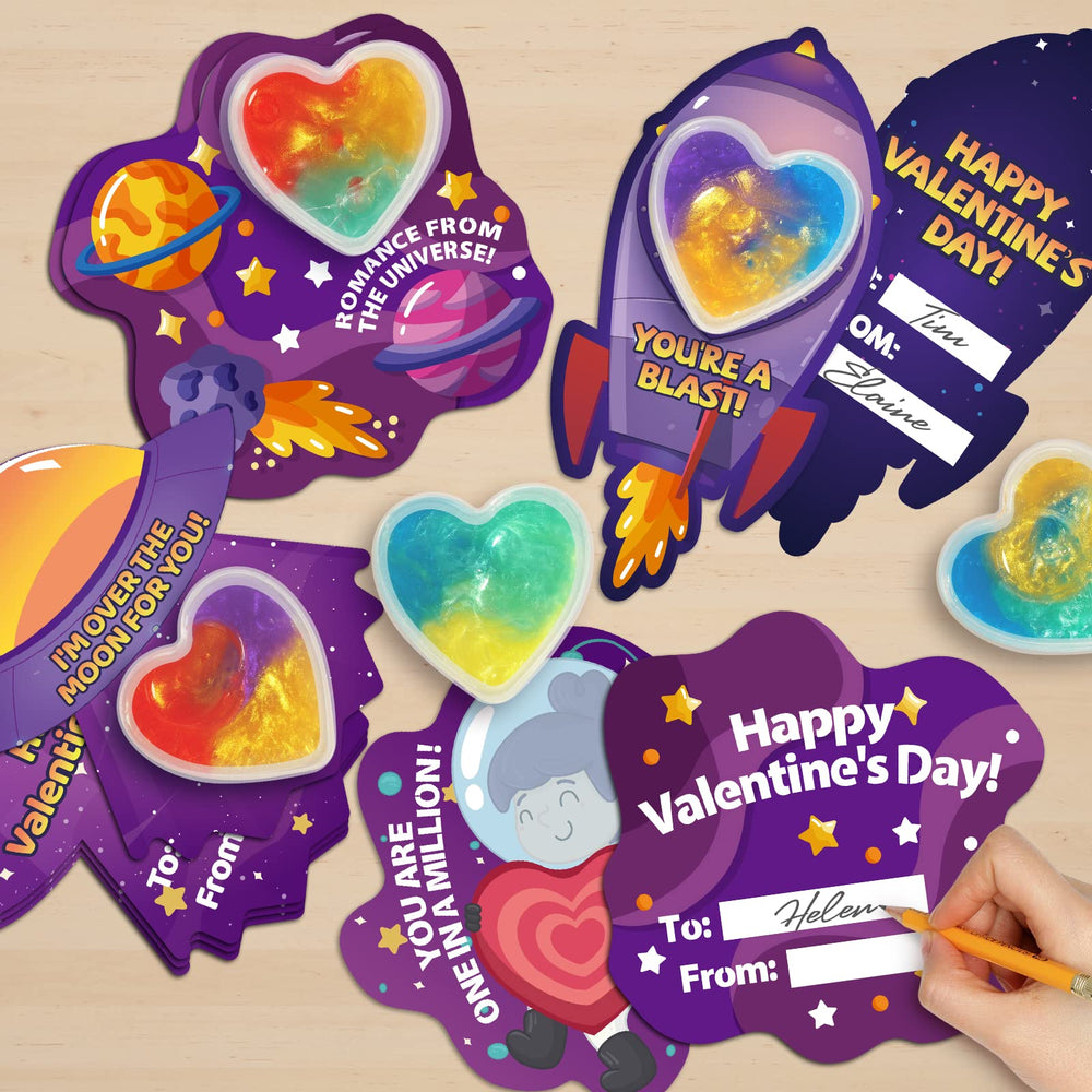 Shemira Valentines heart slime cards set 4 includes space-themed card designs