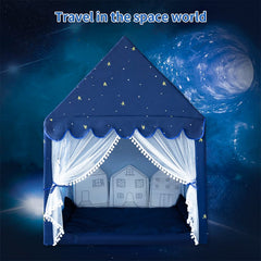Sherilyn easy-assembly blue spaceship tent with clear setup steps.