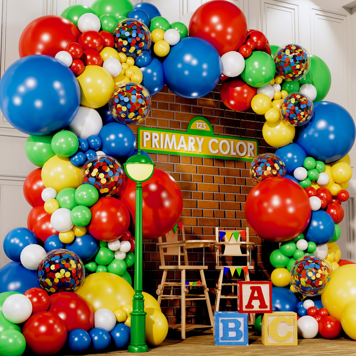 SHERYL DECOR all-in-1 balloon arch kit in red, blue, and green for quick party decor.