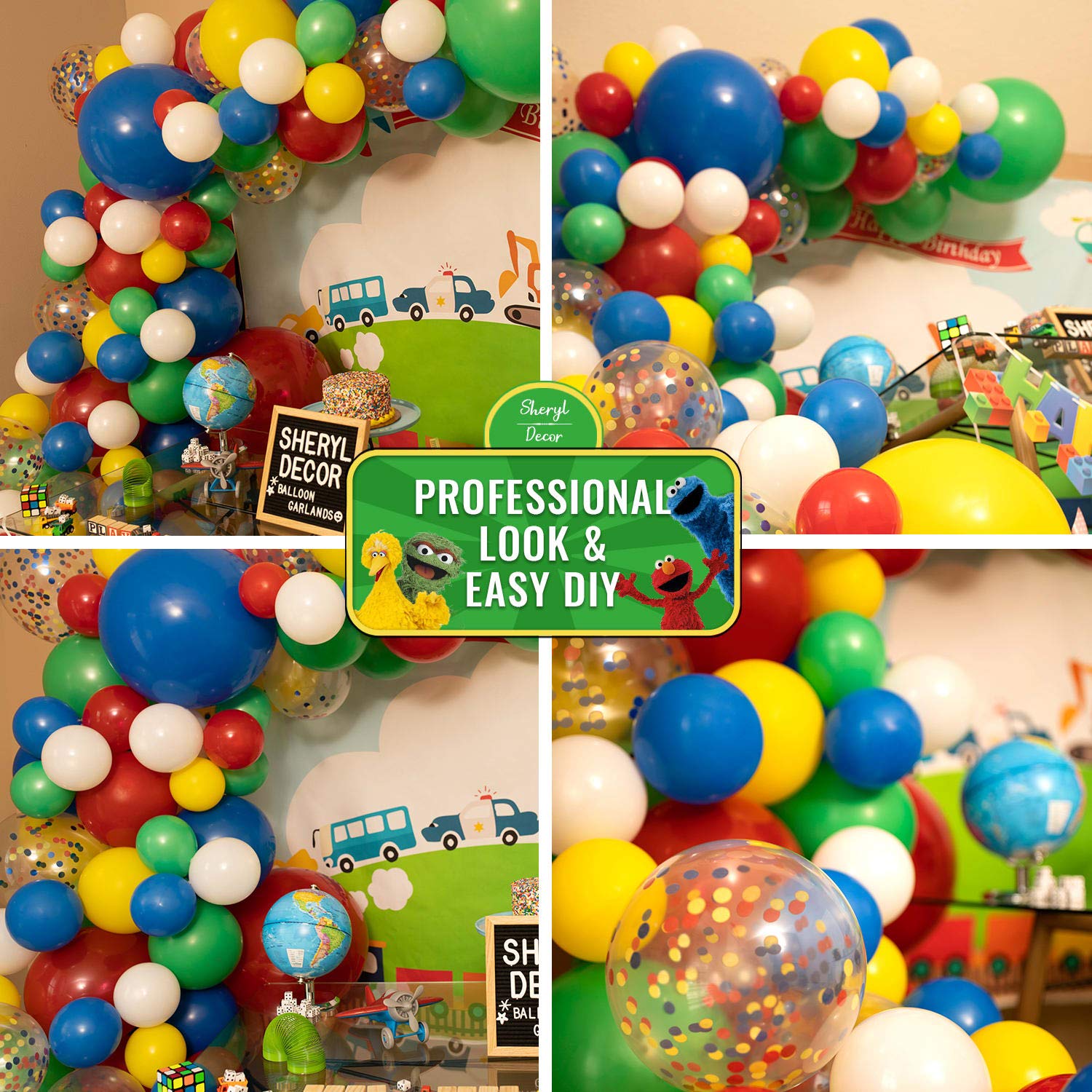SHERYL DECOR assorted balloon sizes and colors add depth and wow factor.