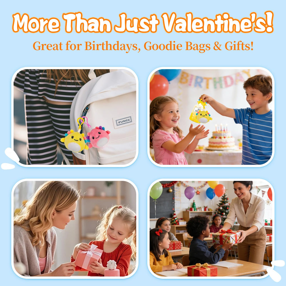 Shestal 24 Valentine cards pack pairs with plush keychains for classroom exchanges.