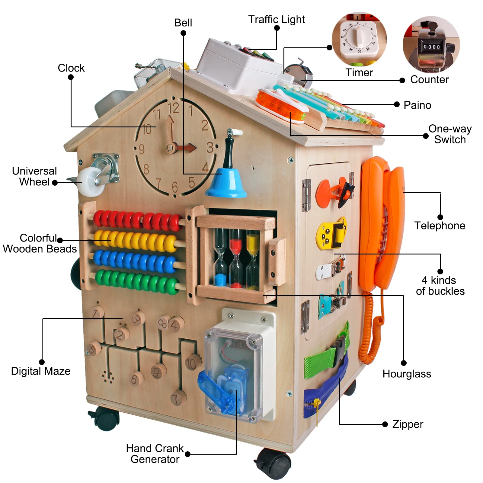 SHIERDU Busy House movable wheels and locks enable easy rearrangement for dynamic play