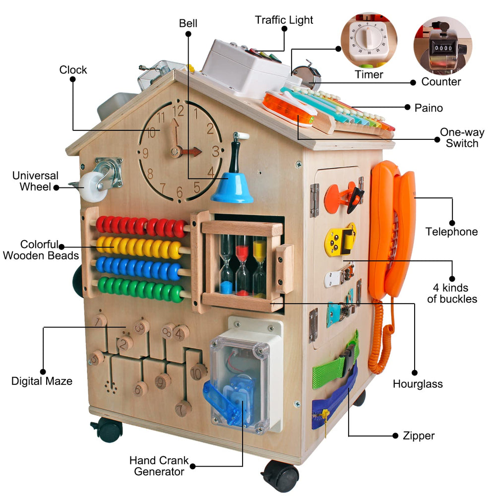 SHIERDU Busy House movable wheels and locks enable easy rearrangement for dynamic play