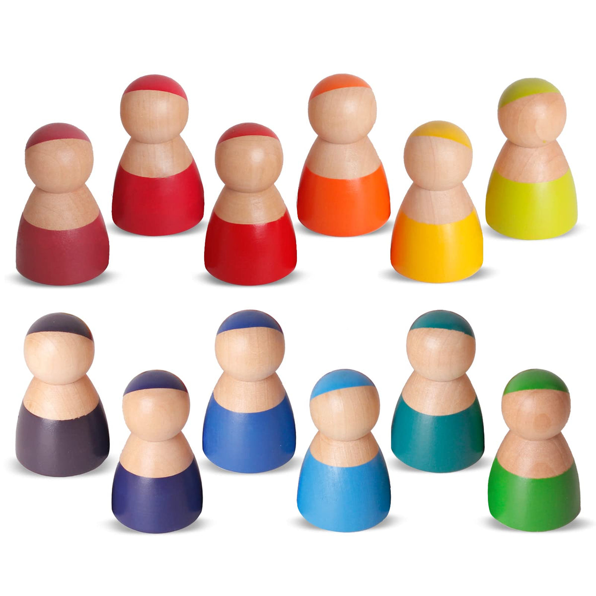 SHIERDU rainbow wood dolls for 12-piece set, ideal for imaginative play and color exploration.