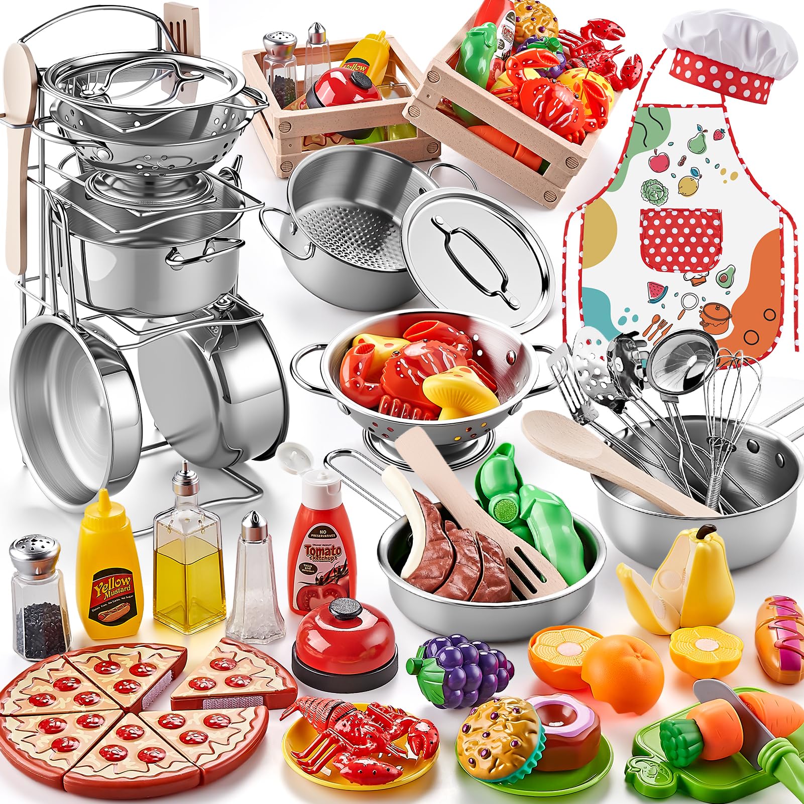 Shimirth Play Kitchen large stainless steel pots for durable pretend cooking.