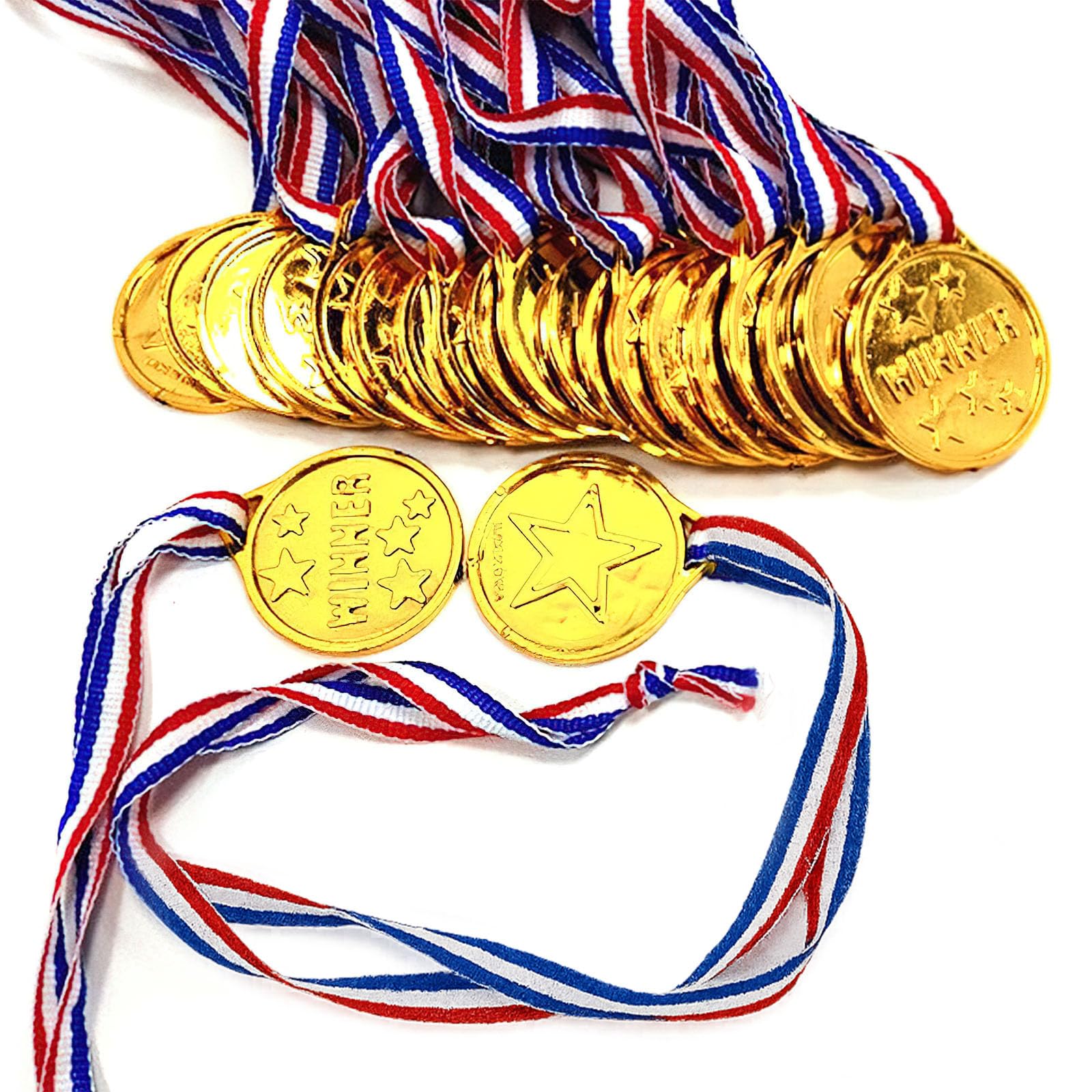 Shindel 24pcs gold medals pack with ribbons for classroom awards and celebrations.