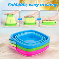 Shindel collapsible bucket in action with kids at the beach and sand toys
