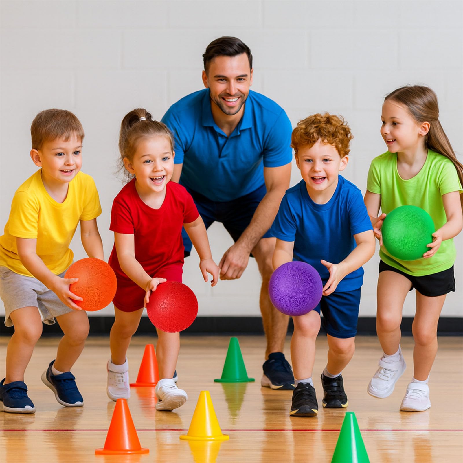 Shindel balls configured for dodgeball and kickball in various settings.