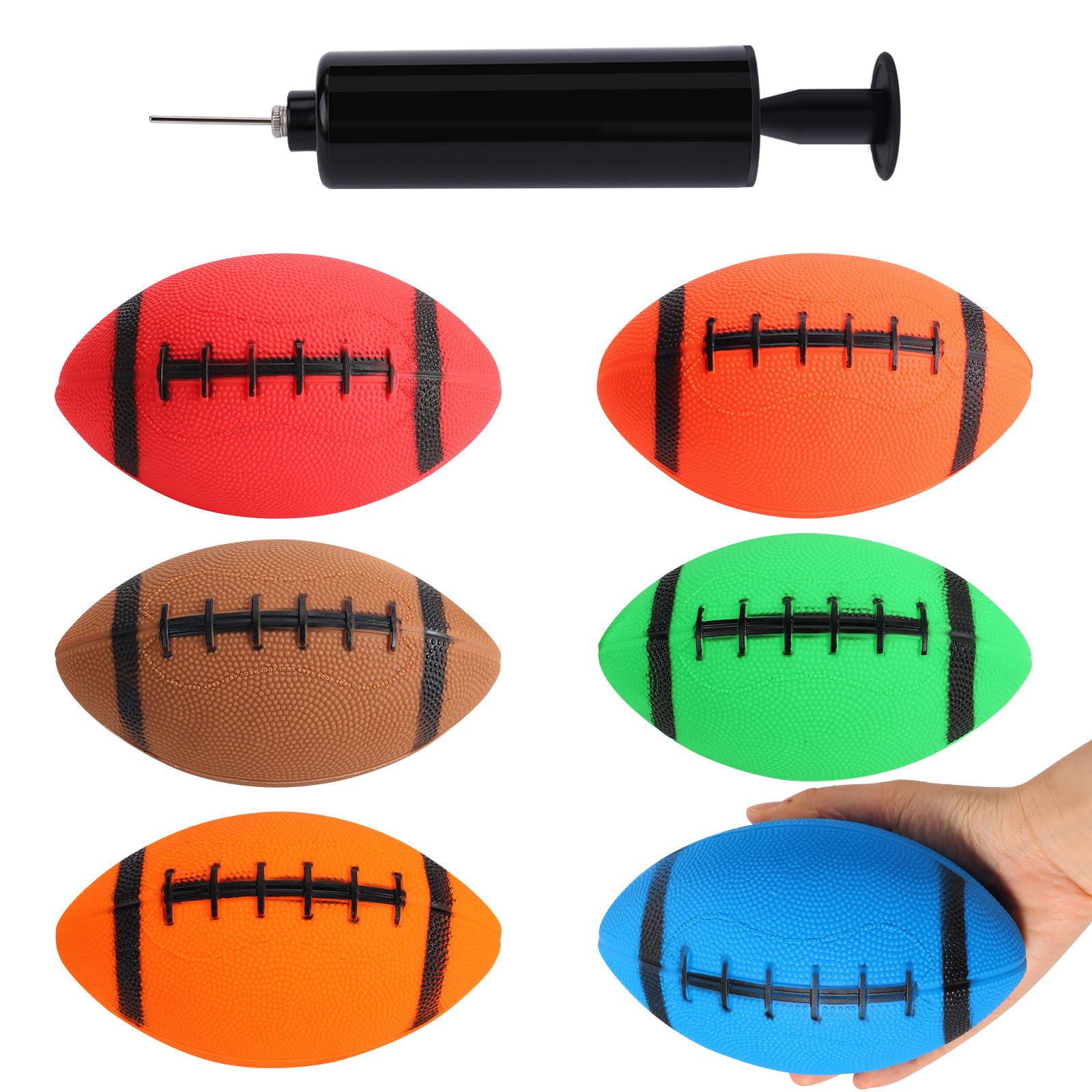 Shindel mini footballs in bright colors for backyard games and color recognition.