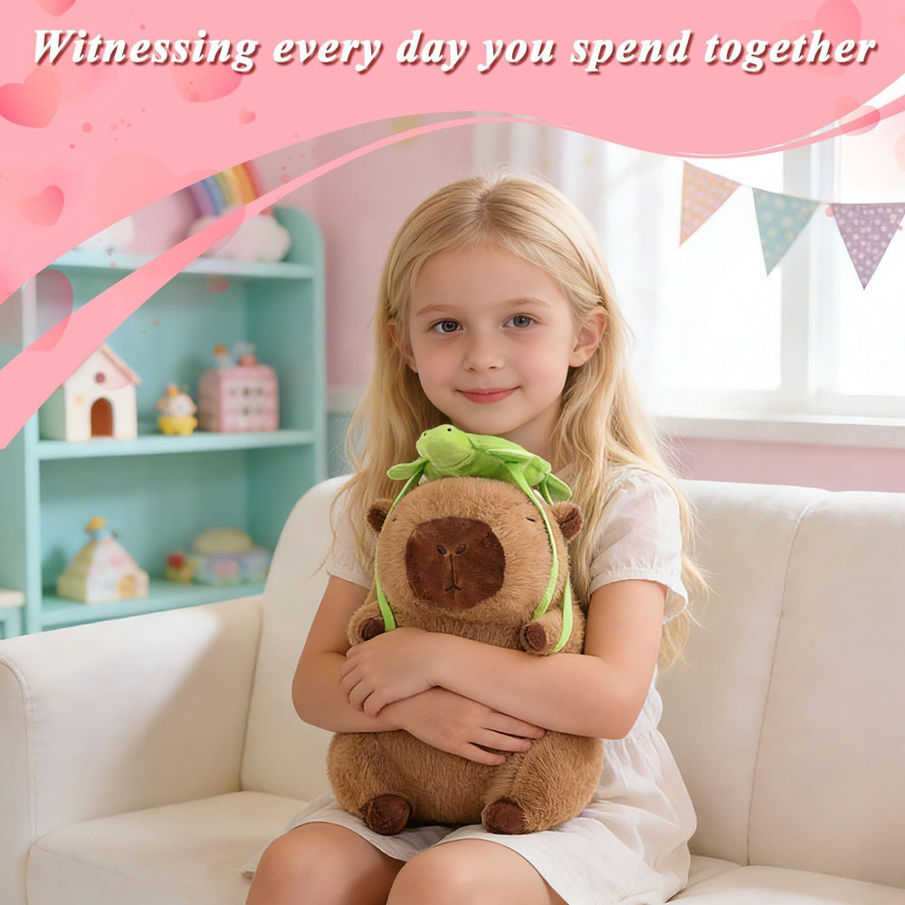 SHINUOER capybara plush with securely attached turtle backpack for durable play.