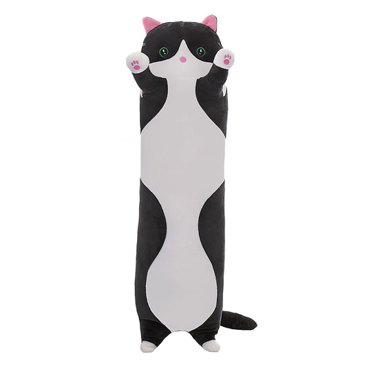 SHINUOER cat plush long body pillow close-up black fur showing plush softness.