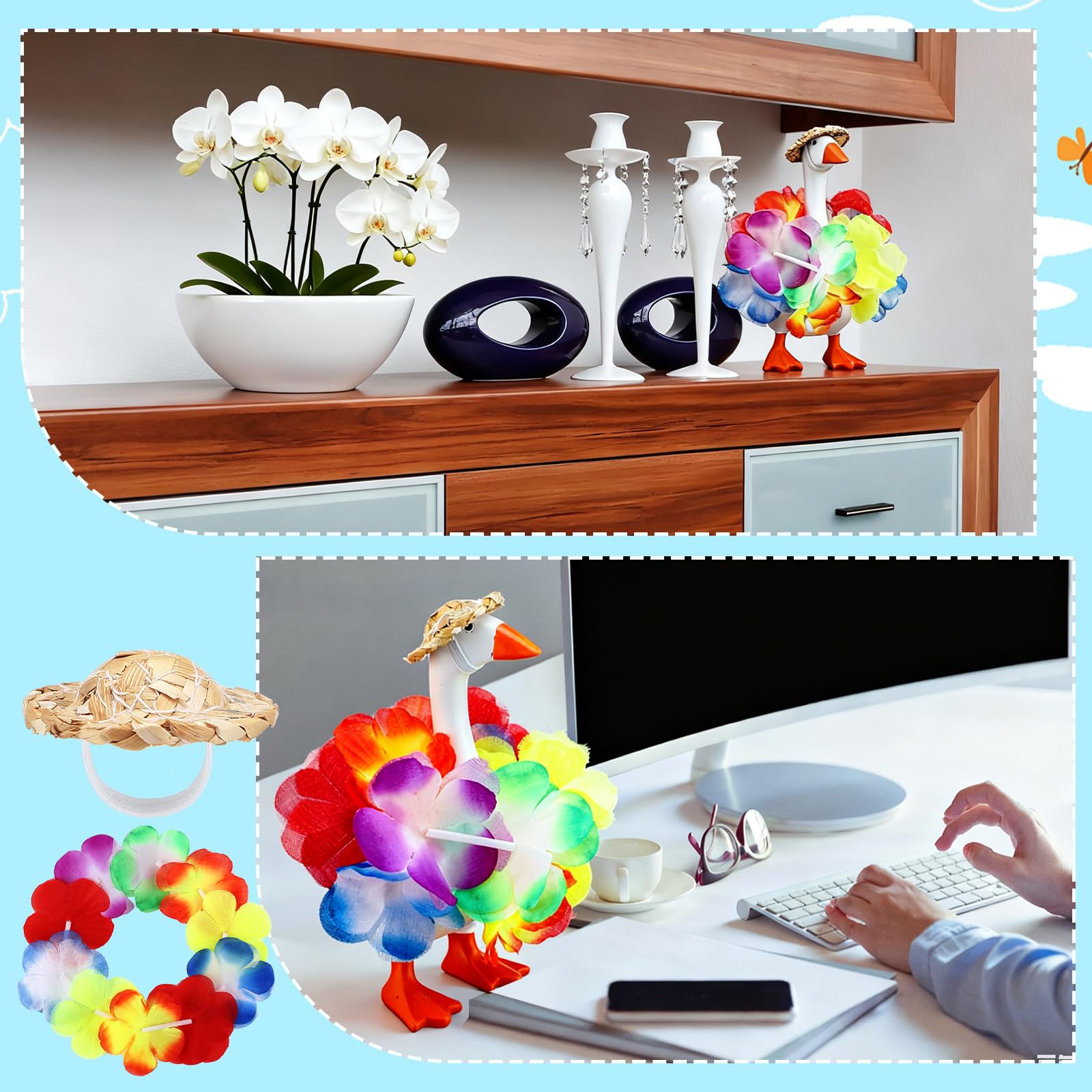 Shinylin mini porch display features multi-season outfits as a centerpiece.