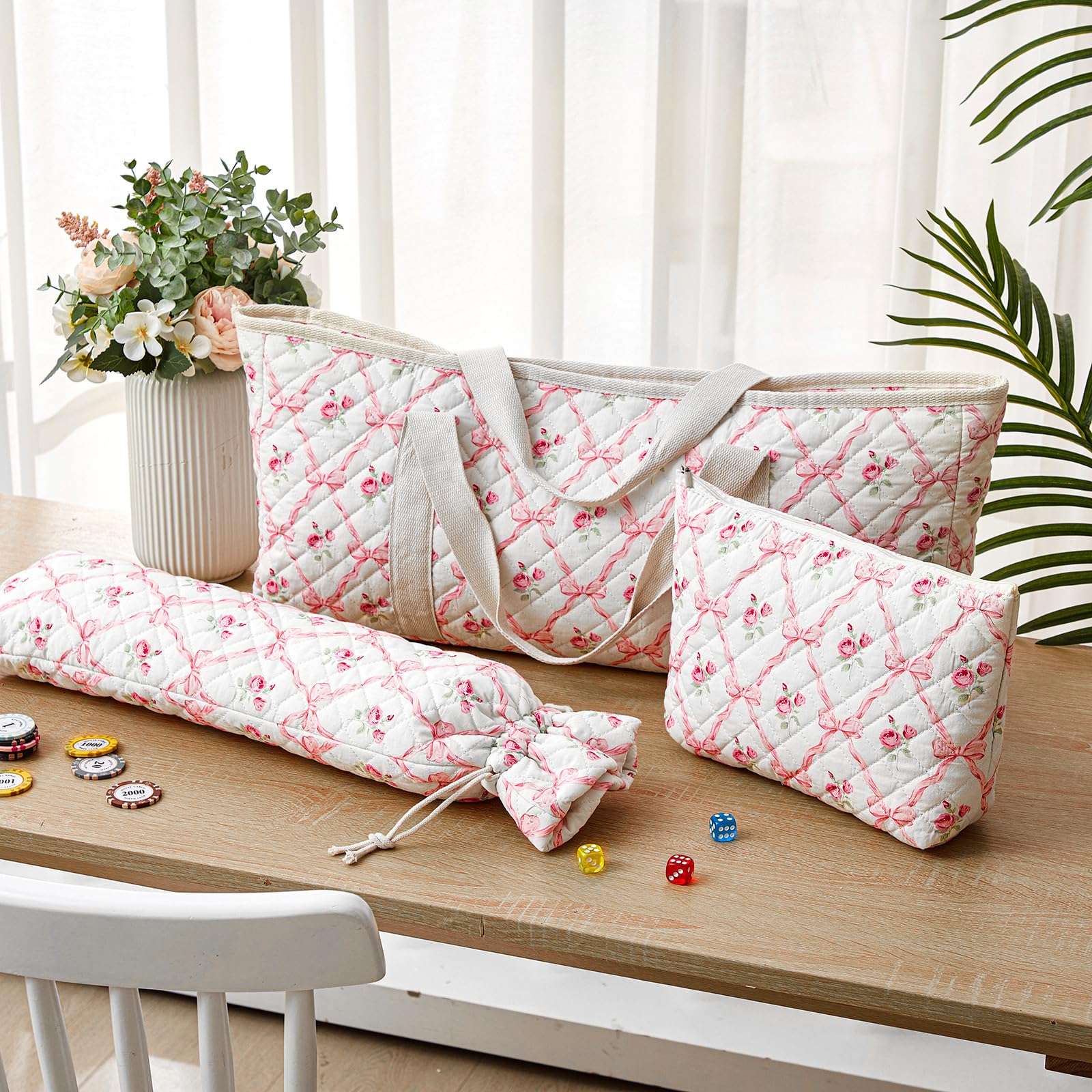 Shinylin mahjong bag with pink bow, small and portable for accessories