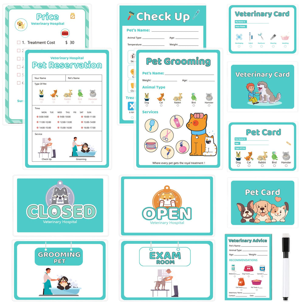 SHIQIKEJIPTY vet kit scene A4 card shows a busy clinic setup for imaginative play