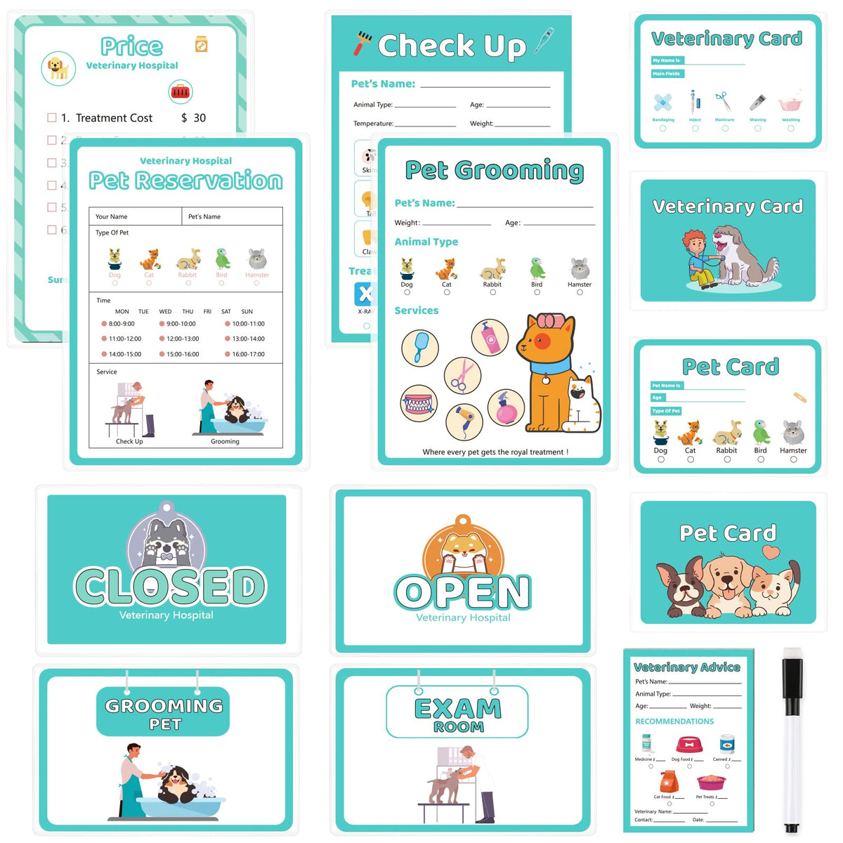 SHIQIKEJIPTY vet kit scene A4 card shows a busy clinic setup for imaginative play