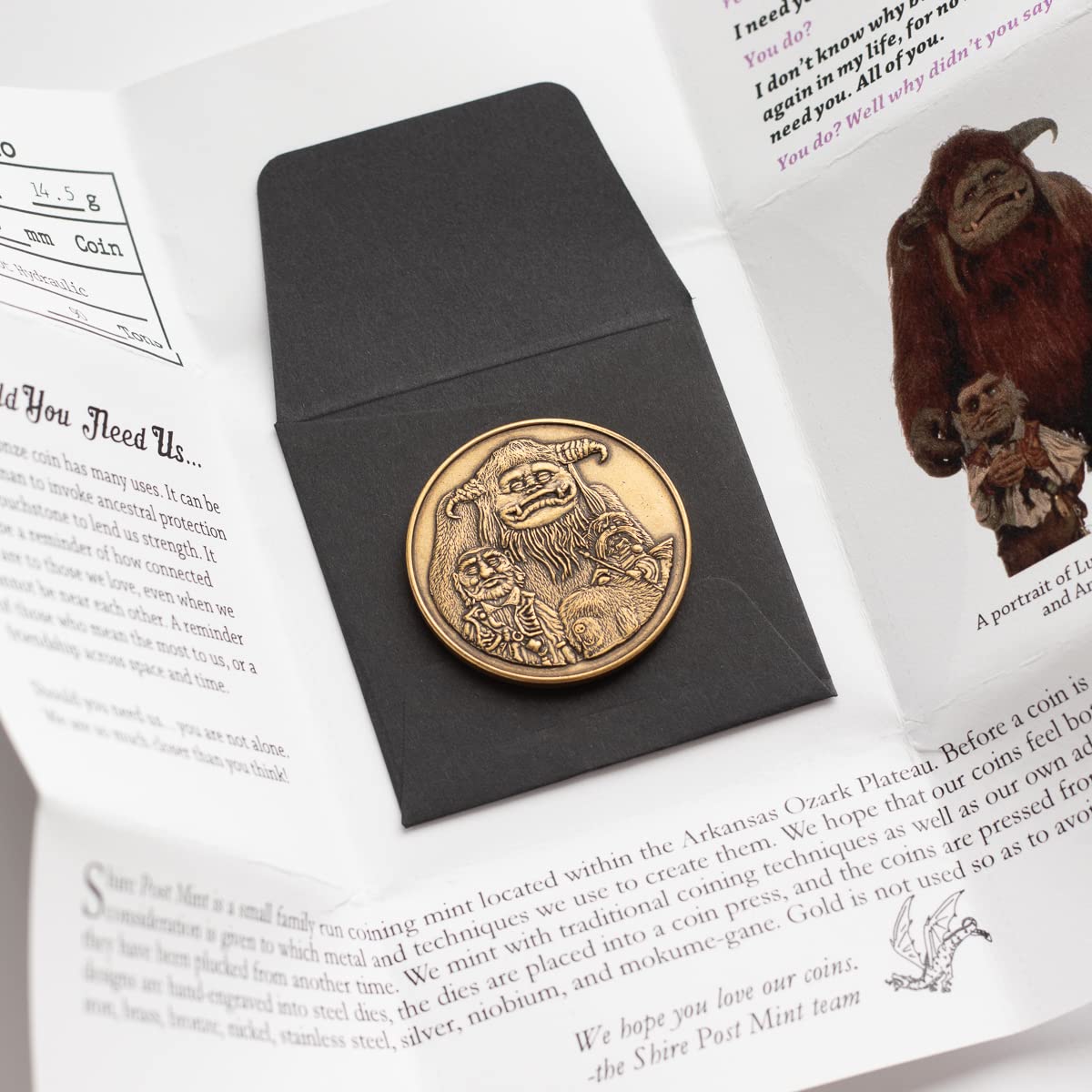Shire Post Mint Labyrinth token diameter detail emphasizes compact, holdable size.