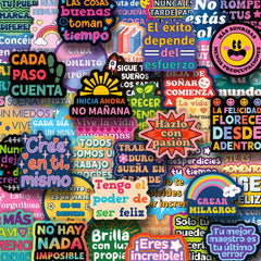 Shizvaeus Spanish inspirational stickers on water bottle for daily motivation.