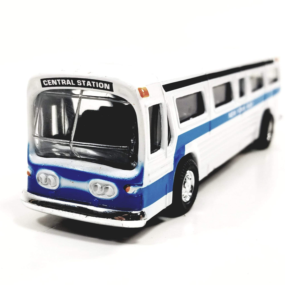 Showcast pullback-action diecast bus with smooth rolling wheels.