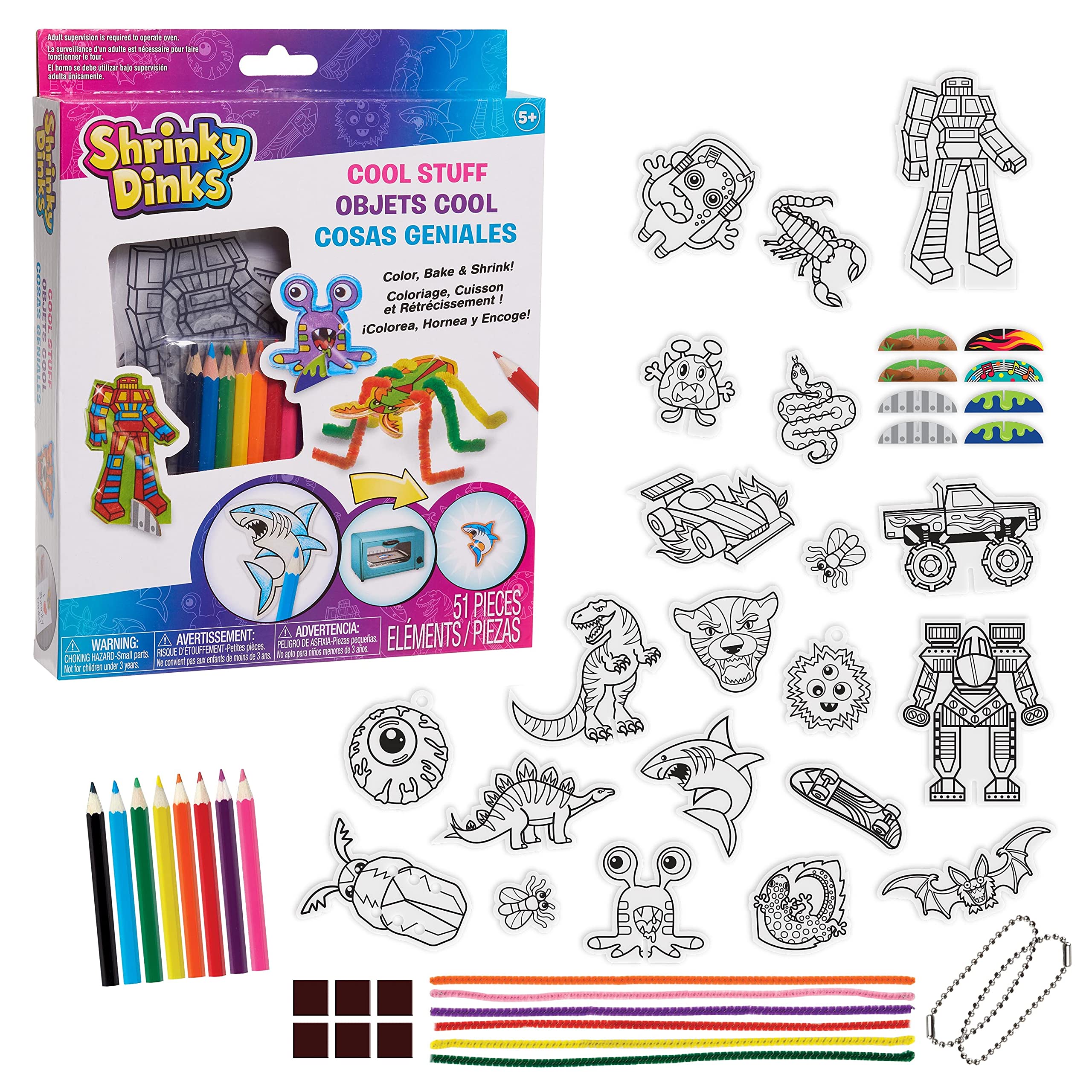 Shrinky Dinks Cool Stuff set with colored pencils for safe, creative coloring.