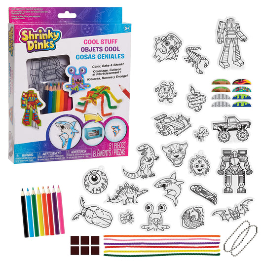 Shrinky Dinks Cool Stuff set with colored pencils for safe, creative coloring.