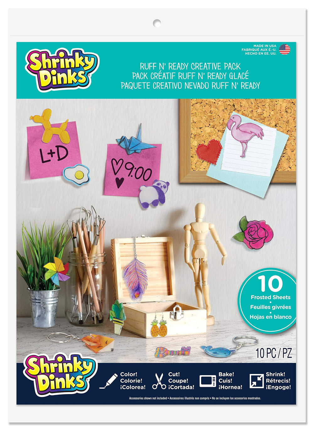 Shrinky Dinks Frosted Ruff n' Ready sheets with frosted surface for colorful crafts.