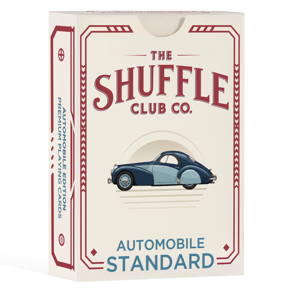 Shuffle Club Auto Playing Cards featuring car artwork across the deck.