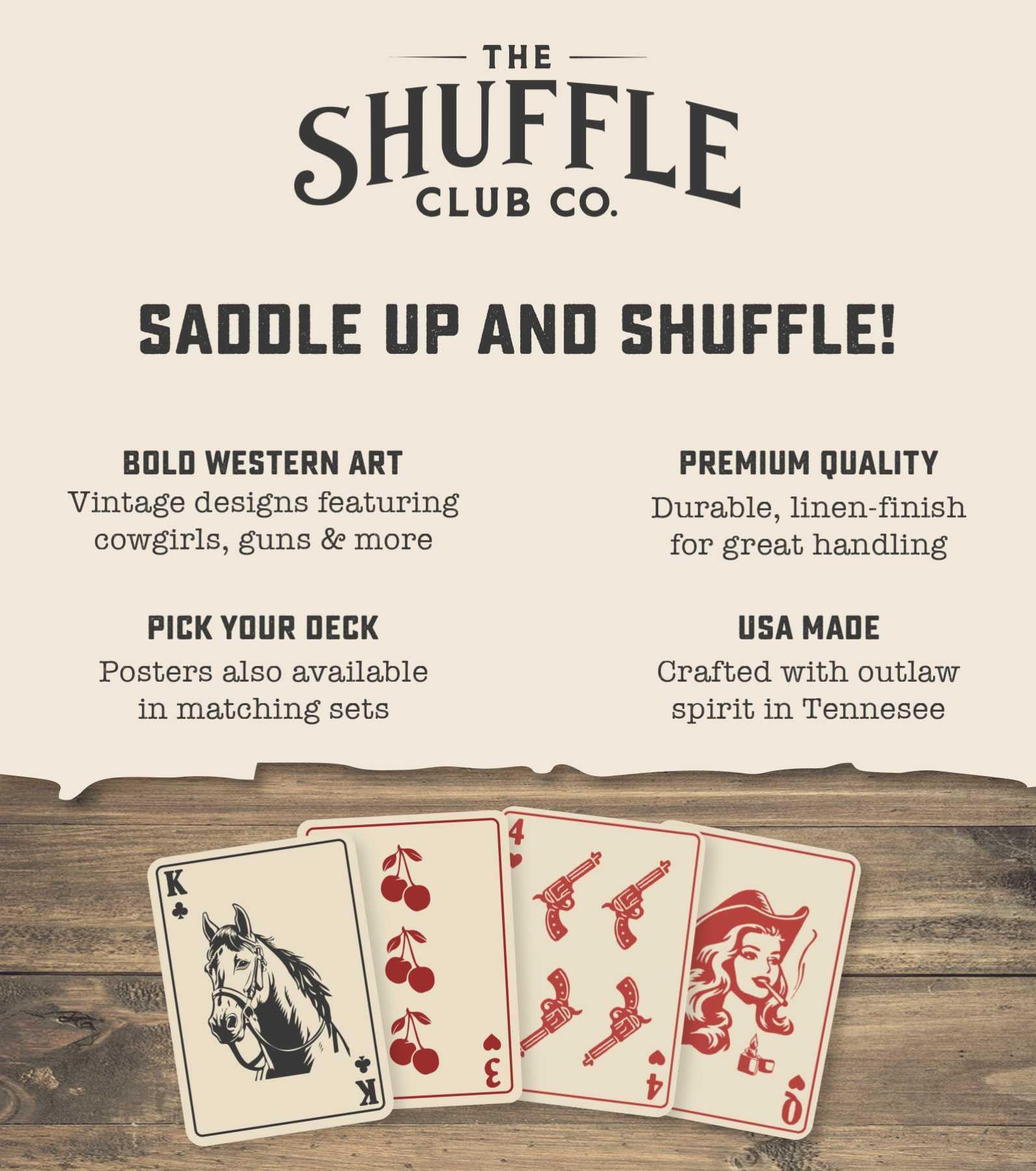 Shuffle Club Western deck poker size 2.5 by 3.5 inches fits standard tables.