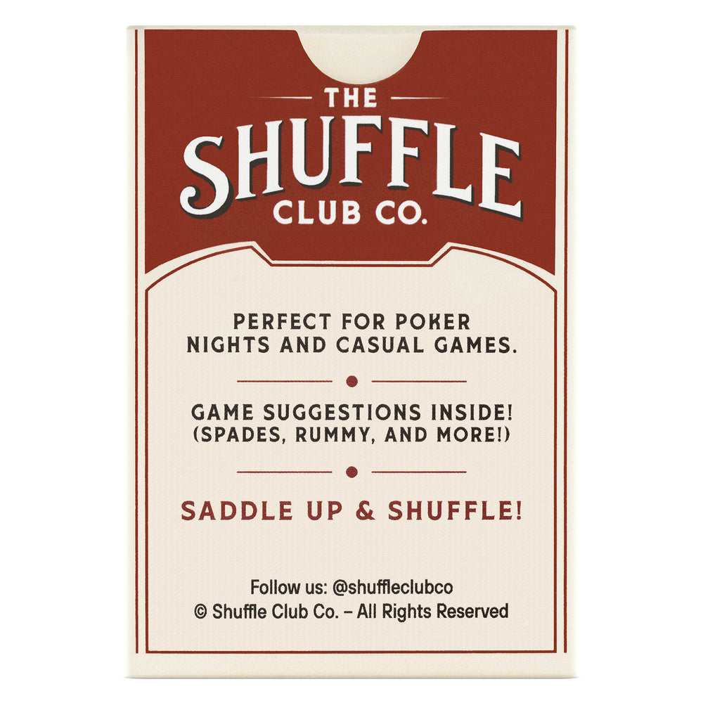 Shuffle Club Western deck tuck box art creates an unforgettable unboxing moment.