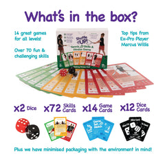 Shuffle Up Tennis Card Games include two dice for more dynamic, interactive rounds.