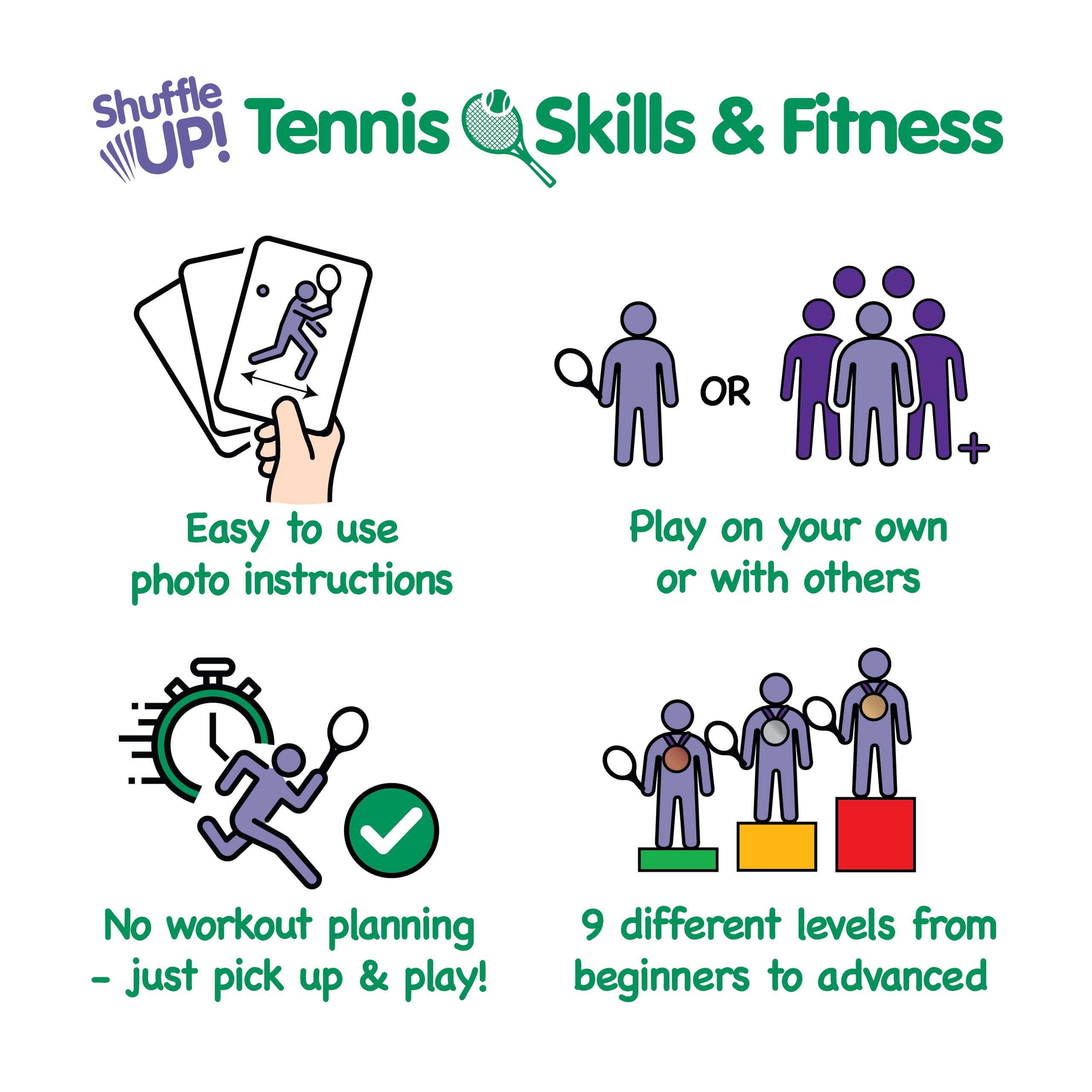 Shuffle Up Tennis Card Games large, easy-to-see pictures aid quick learning and faster play.