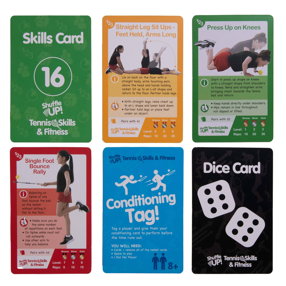 Shuffle Up Tennis Card Games multiskill development promotes core stability through fun challenges.