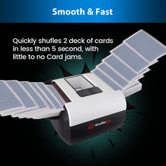 ShuffleBox S1 retractable wings adapt to standard and jumbo card sizes.