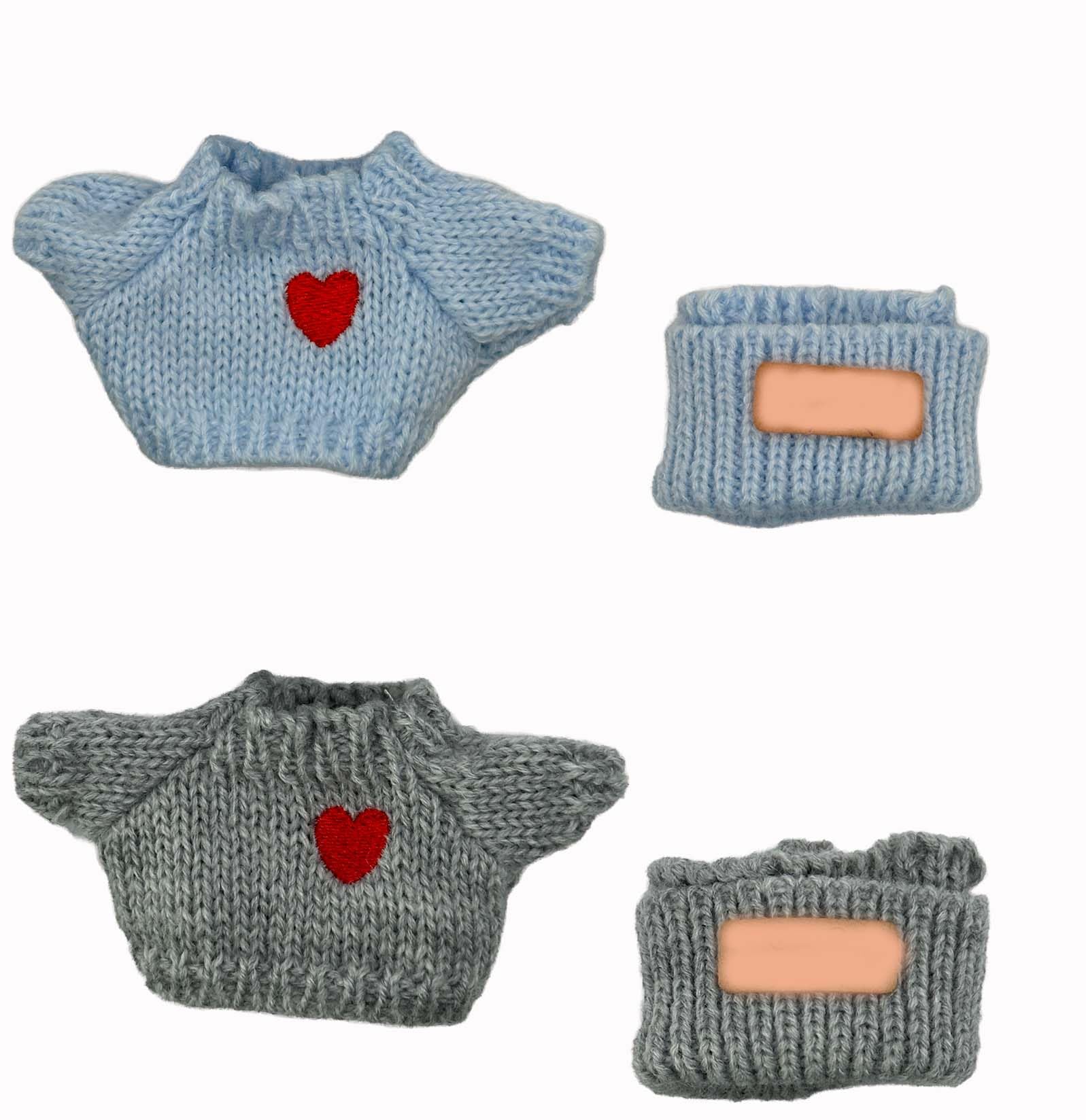 SHUOXUKE blue-grey doll outfits with hats and sweaters, ready for display.