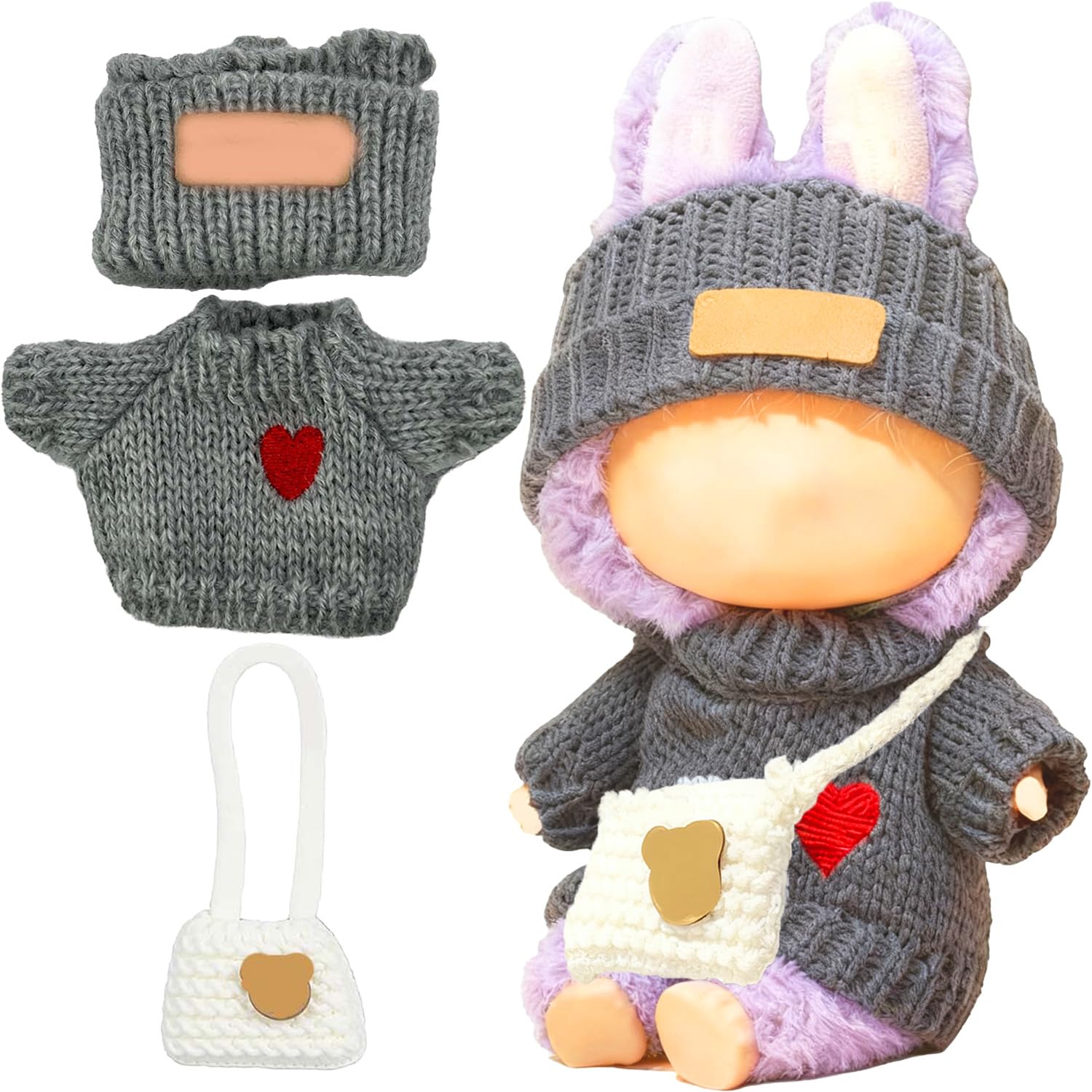 SHUOXUKE grey heart sweater for 17cm dolls, soft stretch knit for easy dressing