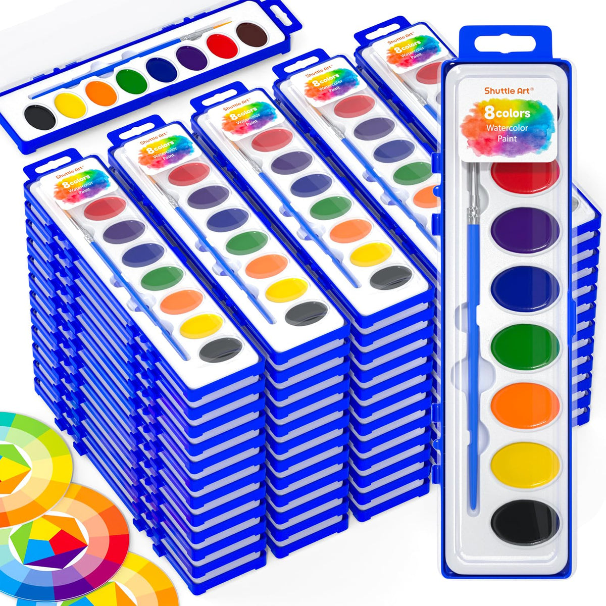 Shuttle Art 60-pack watercolor set with palette case and eight vibrant colors for classroom projects.