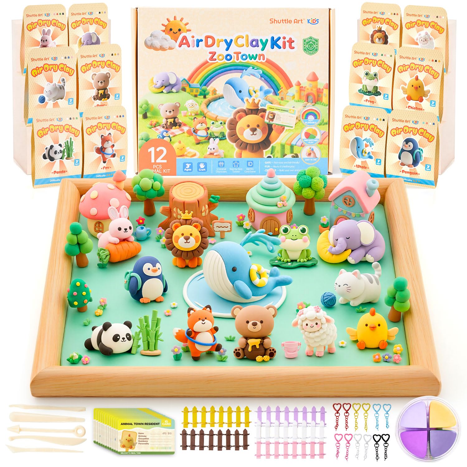 Shuttle Art Zoo Town clay box features vivid animal figures for imaginative play.