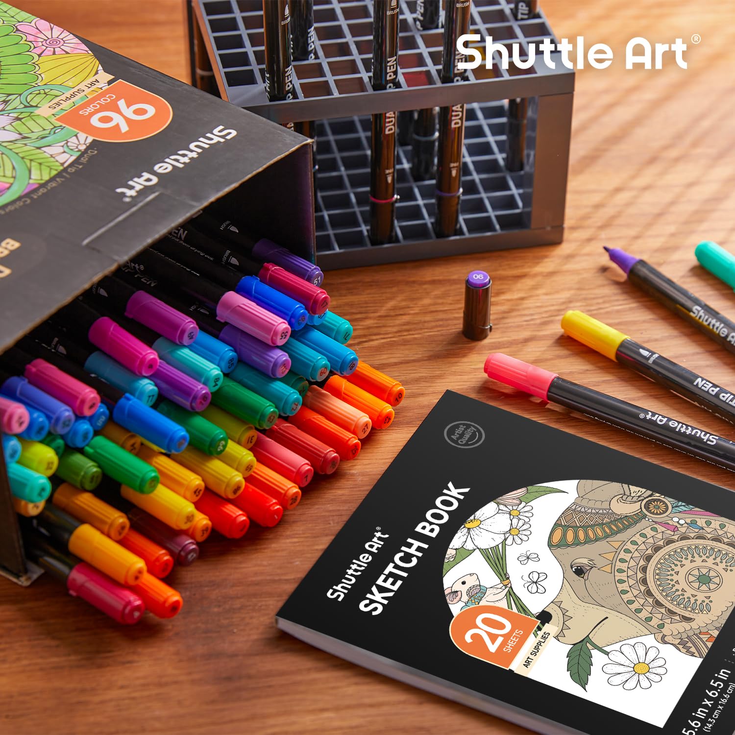 Shuttle Art dual-tip markers support broad strokes and precise fine lines.