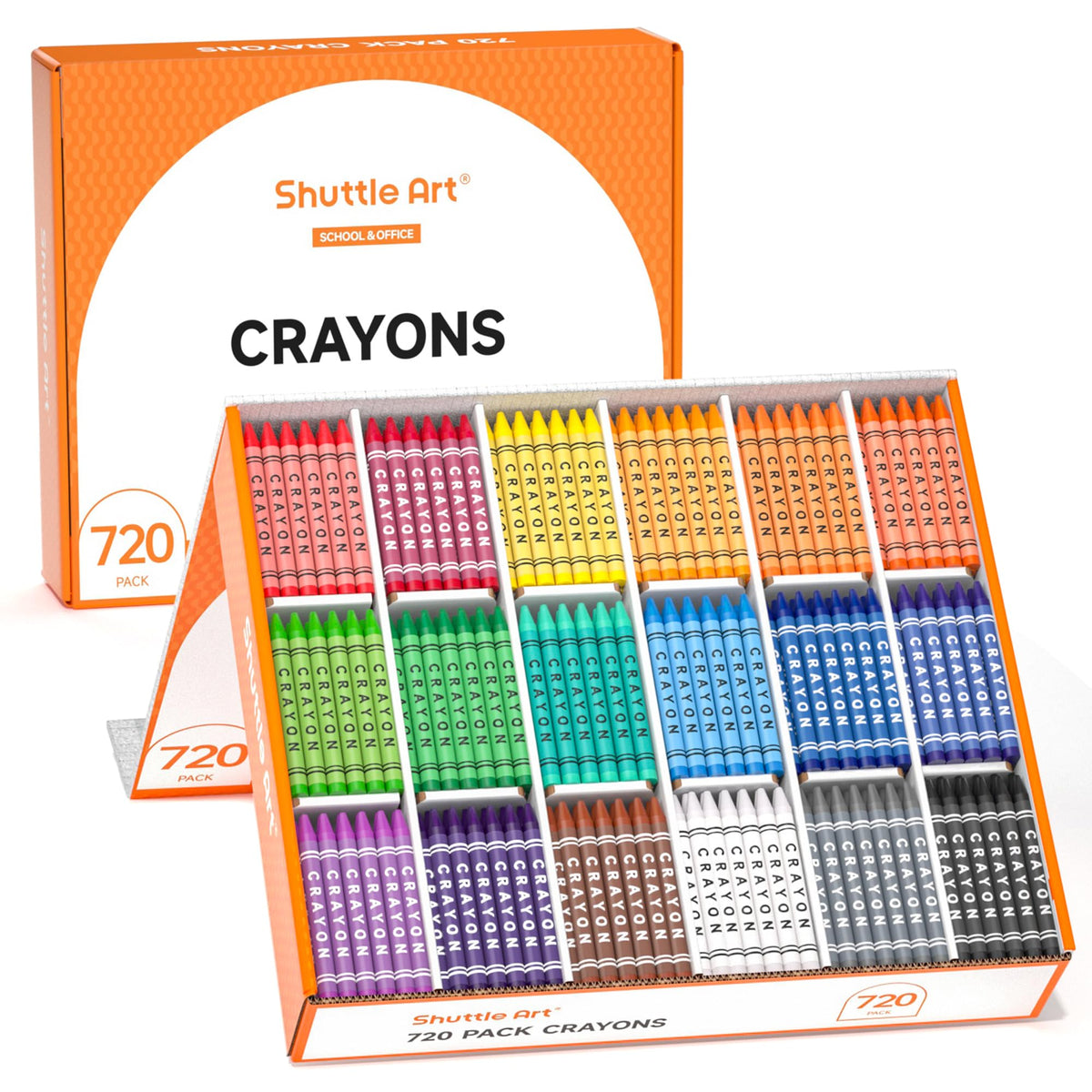 Shuttle Art crayon bulk-pack 720-count in organized box for easy classroom access.