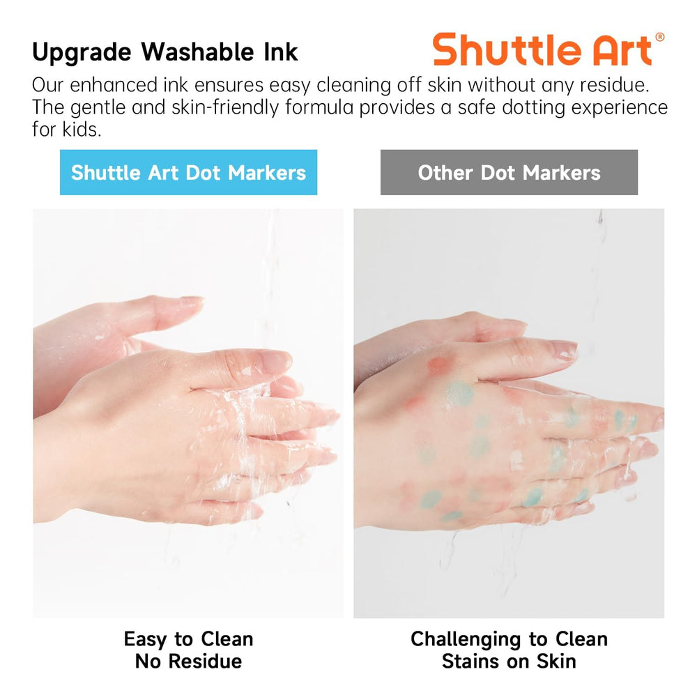 Shuttle Art Dot Markers 0.42oz bottles closeup: comfortable size for little artists