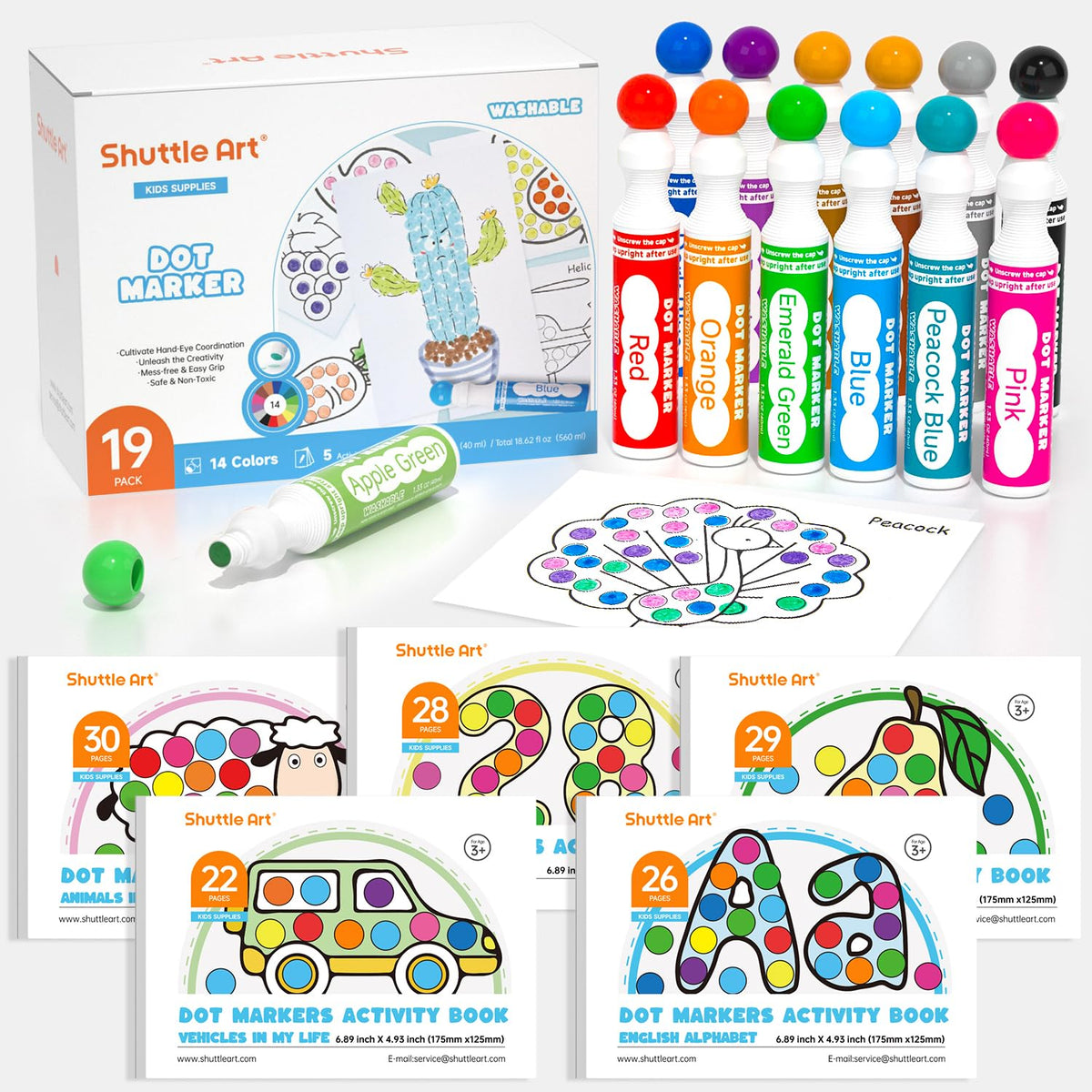 Shuttle Art dot markers in 14 colors brighten artwork and support color recognition.
