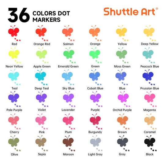 Shuttle Art Dot Markers 36 colors open pack: easy access supports quick coloring sessions