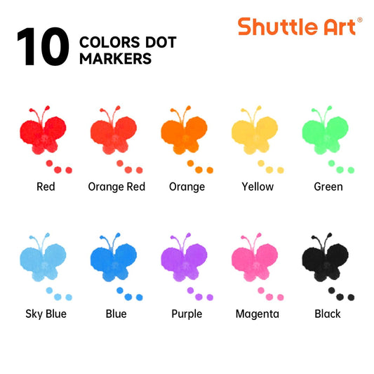 Shuttle Art Dot Markers ink is water-based and washable for quick cleanup.