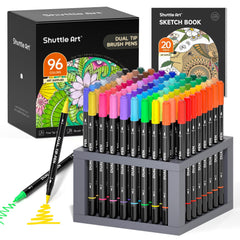 Shuttle Art dual-tip brush pen set with 96 colours for versatile lettering.