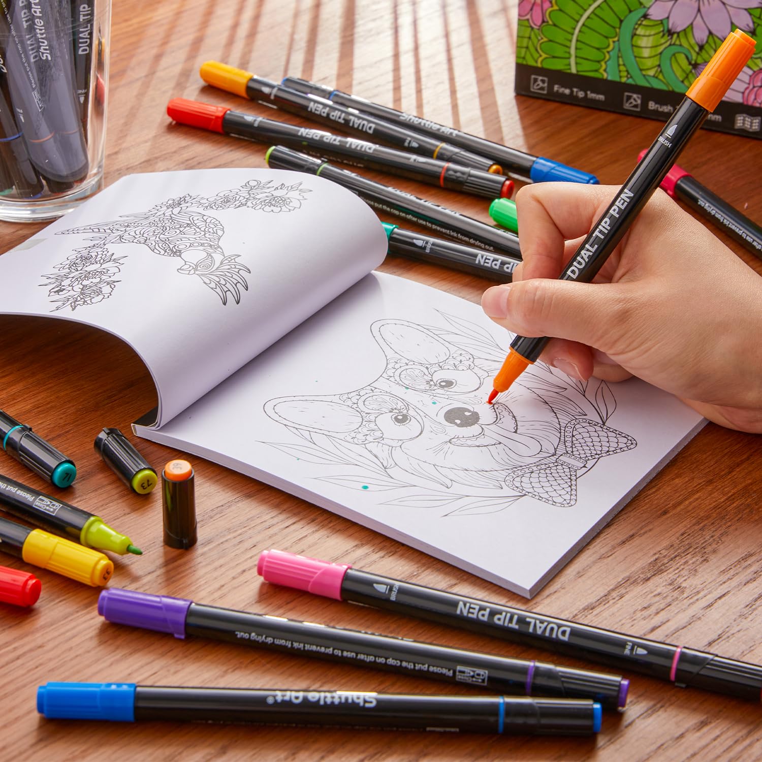 Shuttle Art colouring book included for relaxing, mindful art sessions.