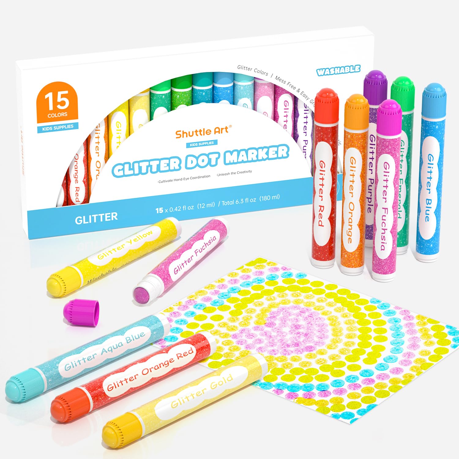 Shuttle Art Shimmer Dot Markers display 15 glitter colors for creative art projects.